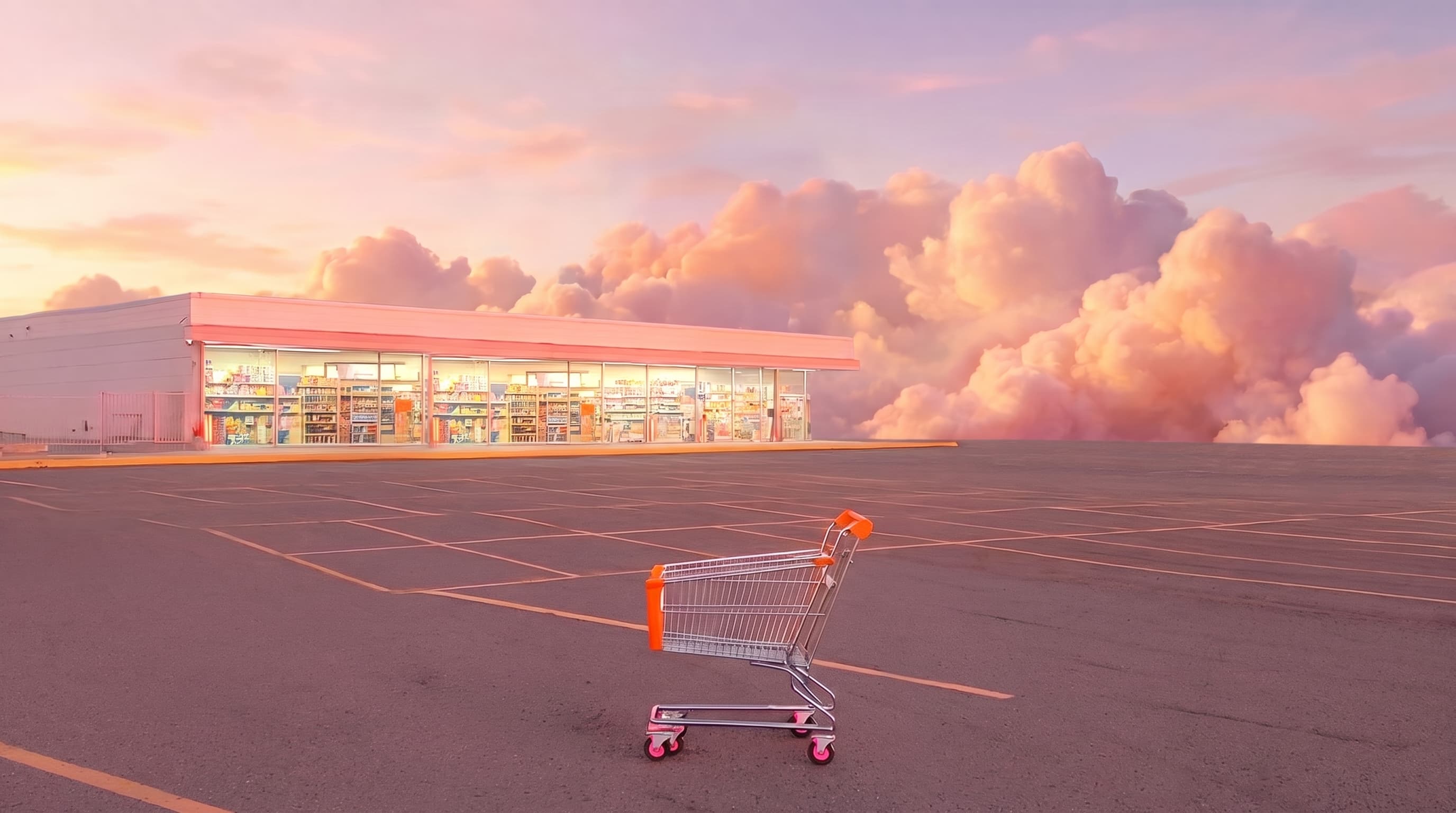 An empty shopping cart left on the painted forecourt of a corner shop at sunset
