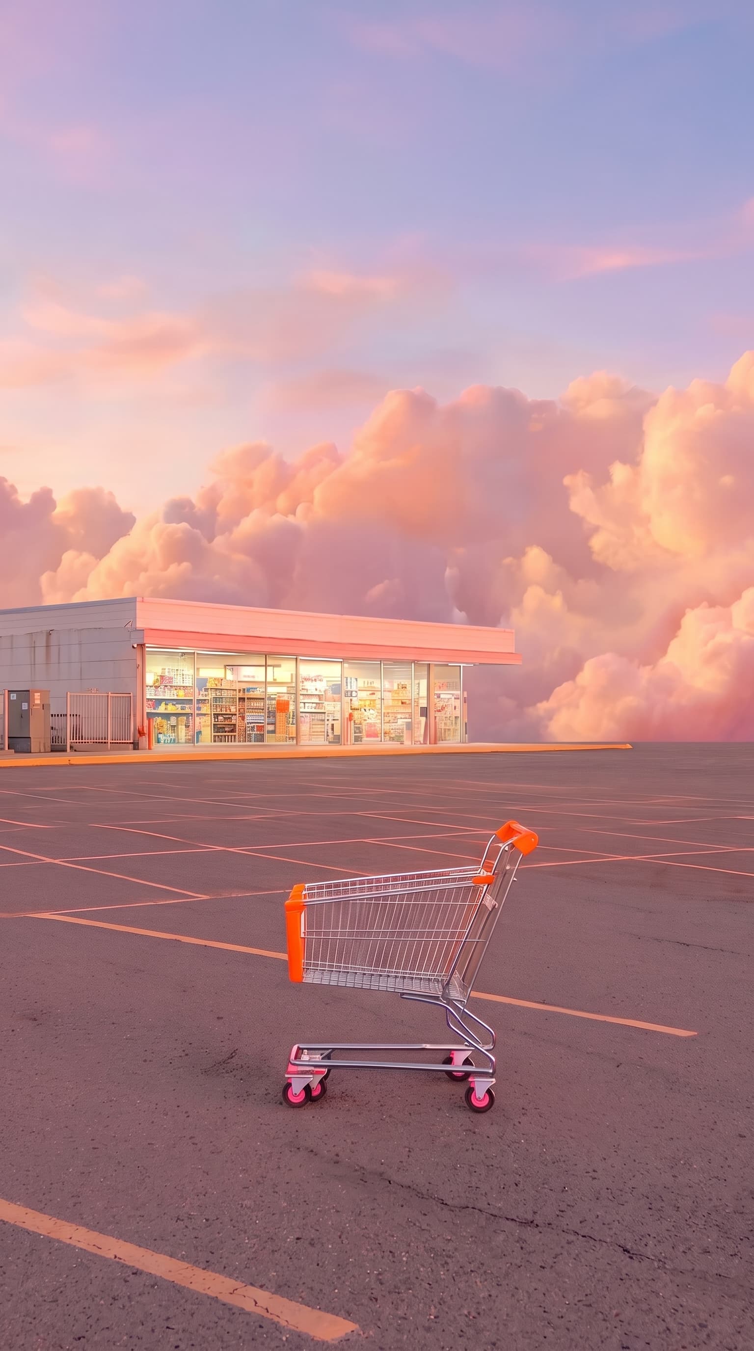 An empty shopping cart left on the painted forecourt of a corner shop at sunset