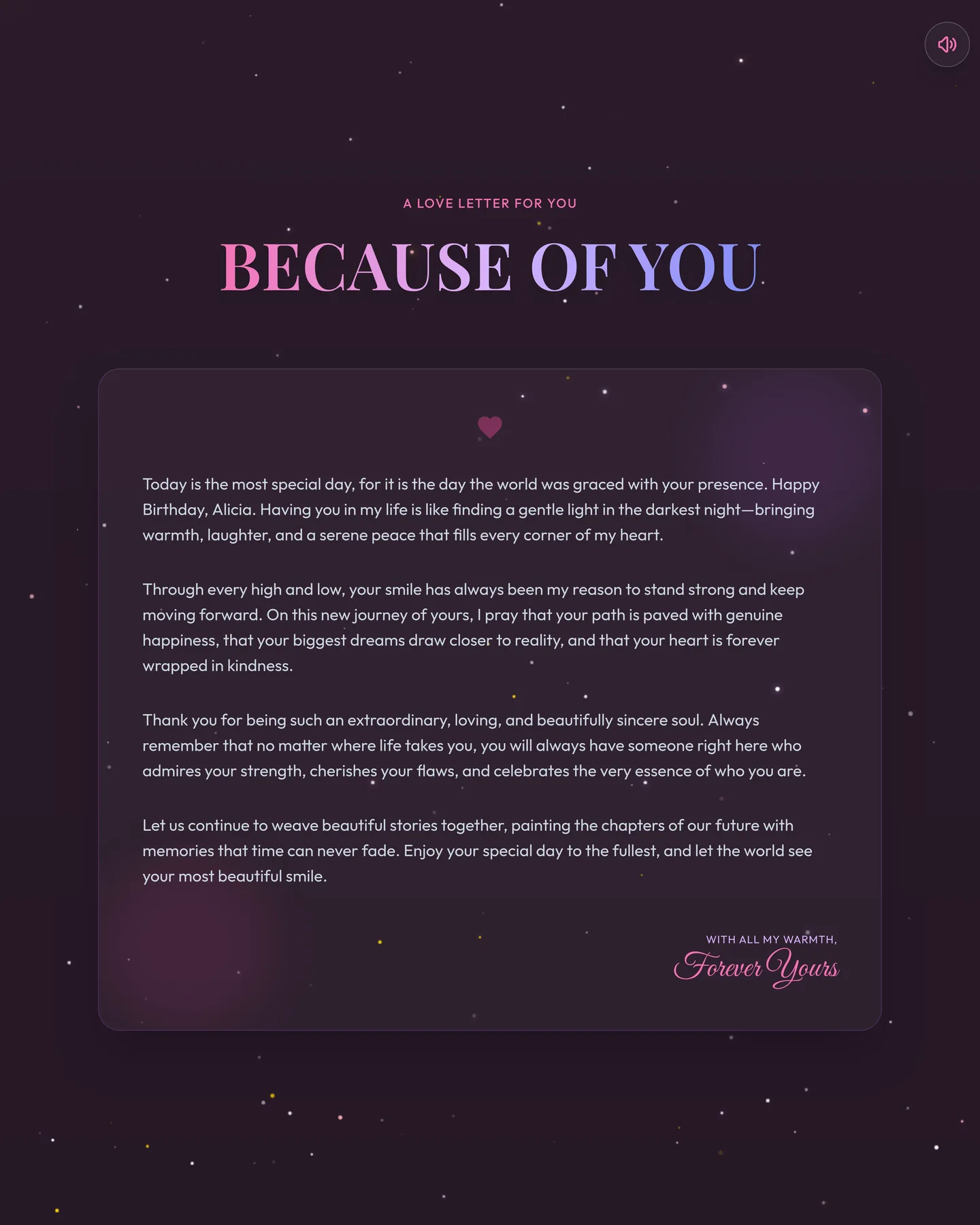 A love letter titled Because of You on a dark starry background