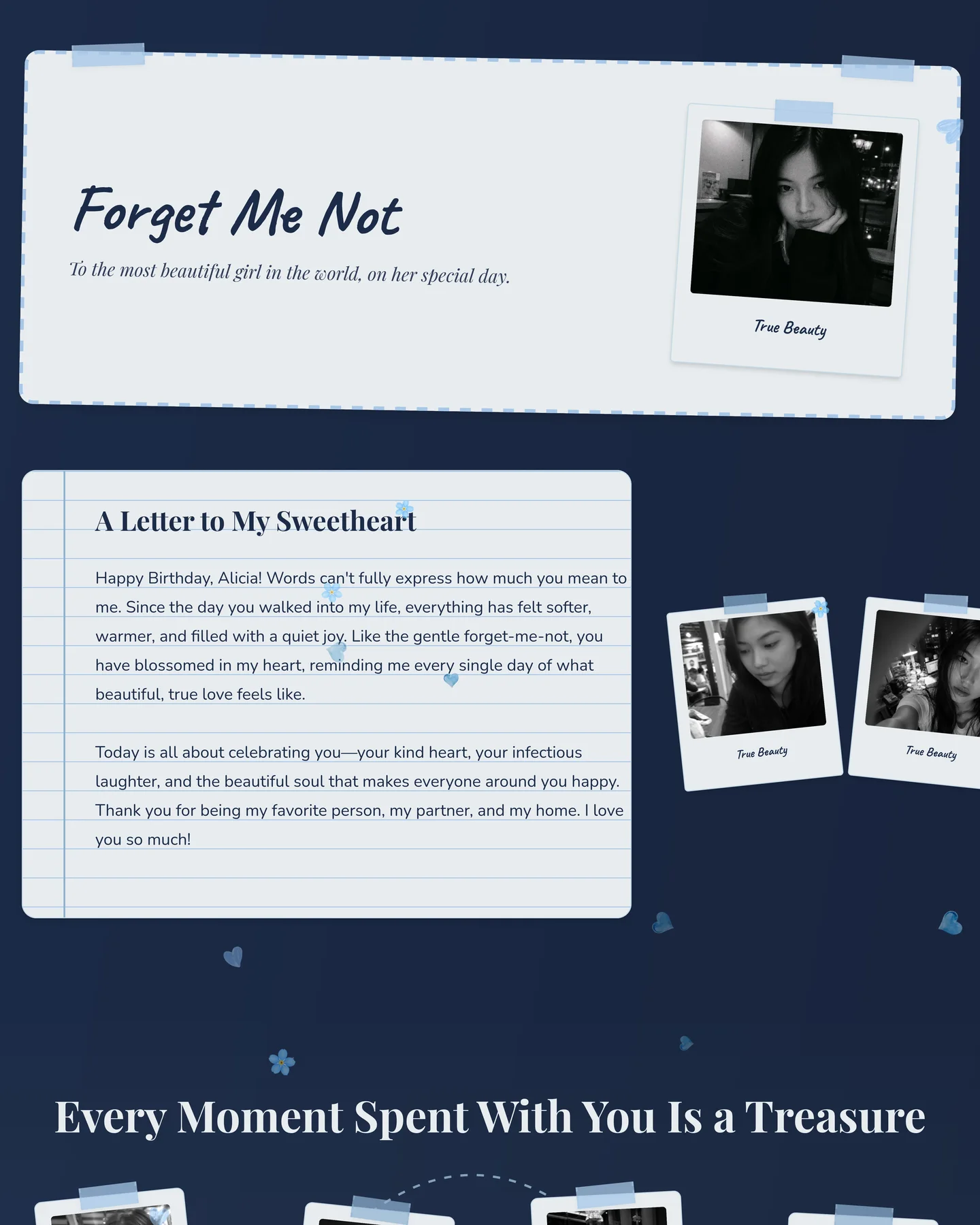 Forget Me Not keepsake spread with a taped photo and a handwritten letter