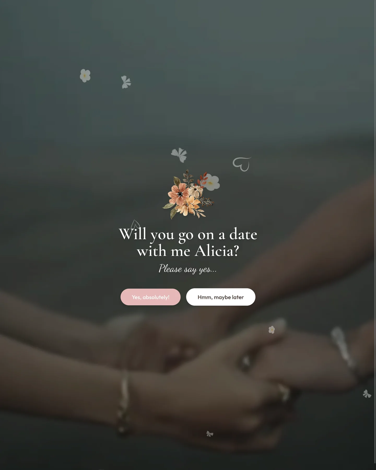 A floral invitation asking for a date, petals drifting across a blurred scene