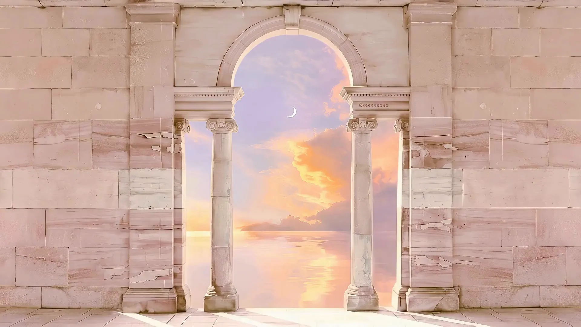 Marble colonnade opening onto a rose sunset over calm water